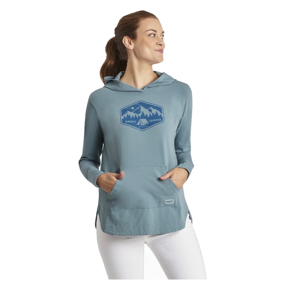 Life is Good Happy Camper crusher‎ flex blue hooded long sleeve top